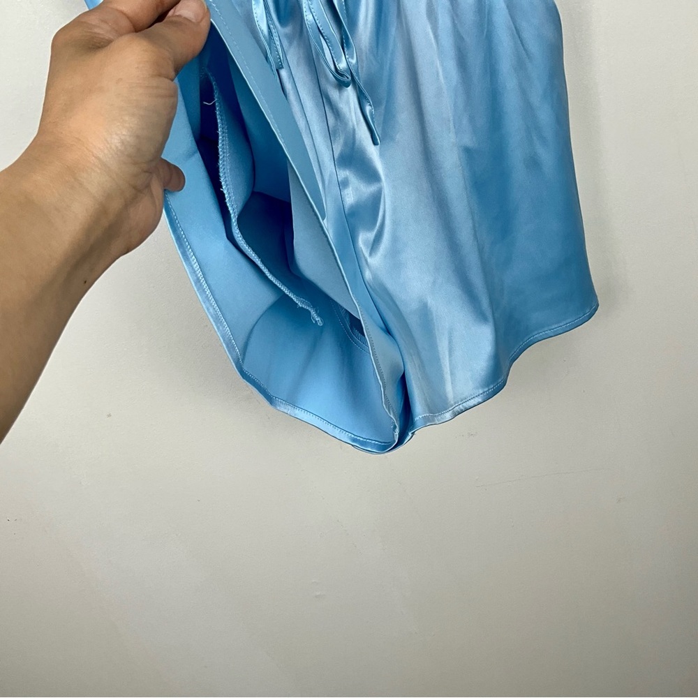 AKIRA women’s blue Slip satin Romper tie-front, elastic waist band Size S NWOT‎ - Picture 5 of 16